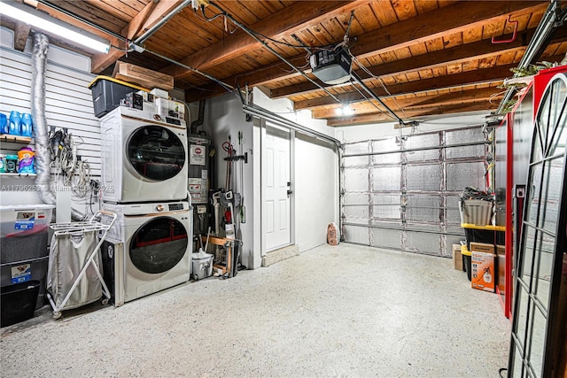 garage featuring gas water heater, stacked washer and clothes dryer, and a garage door opener