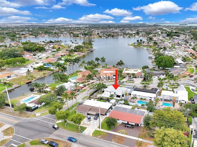 birds eye view of property featuring a water view and a residential view