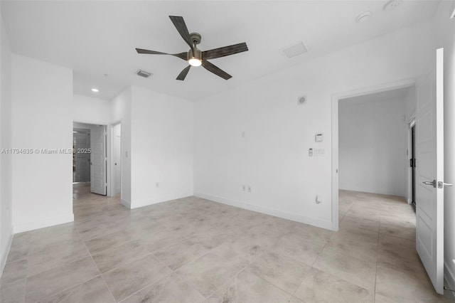 unfurnished room with visible vents, recessed lighting, ceiling fan, light tile patterned floors, and baseboards