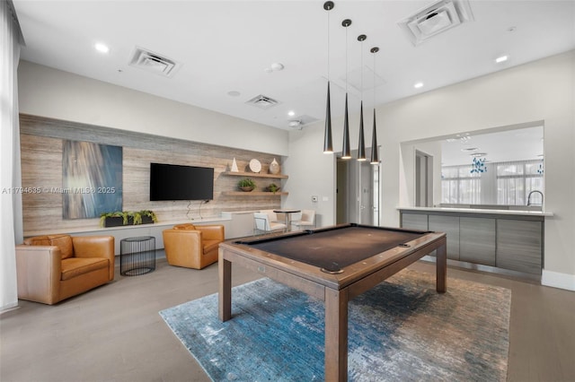 rec room with pool table, visible vents, and wood finished floors