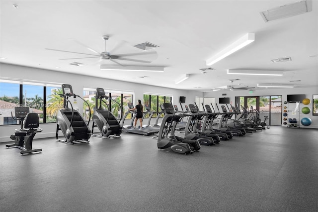 gym with visible vents and a ceiling fan