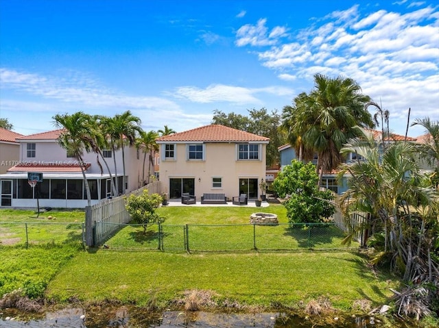 rear view of property featuring stucco siding, a gate, and a fenced backyard