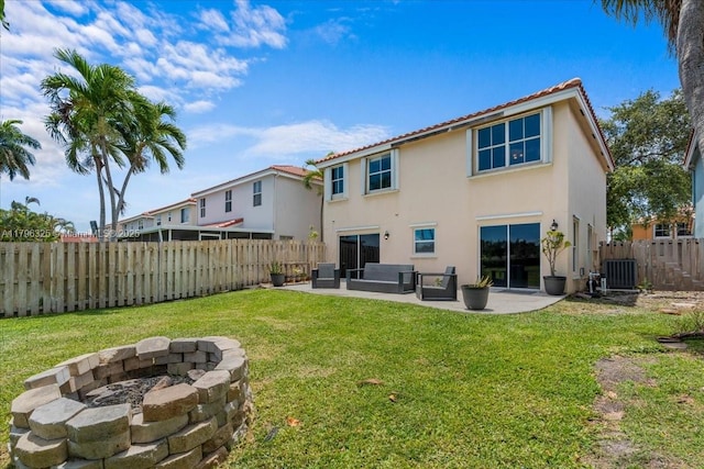 back of property featuring cooling unit, stucco siding, a tile roof, and a patio