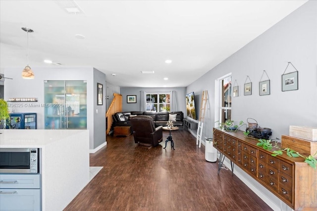 4370 SW 82nd Way, Davie, FL 33328 - living room featuring visible vents, recessed lighting, stairway, dark wood finished floors, and baseboards