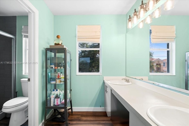 bathroom with a healthy amount of sunlight, a sink, and wood finished floors