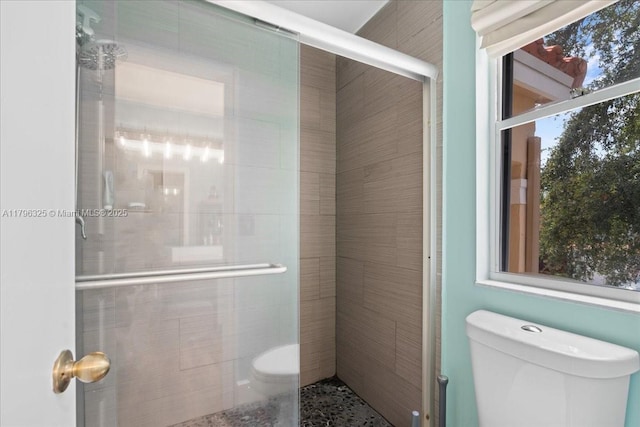 full bathroom with toilet, a shower stall, and plenty of natural light