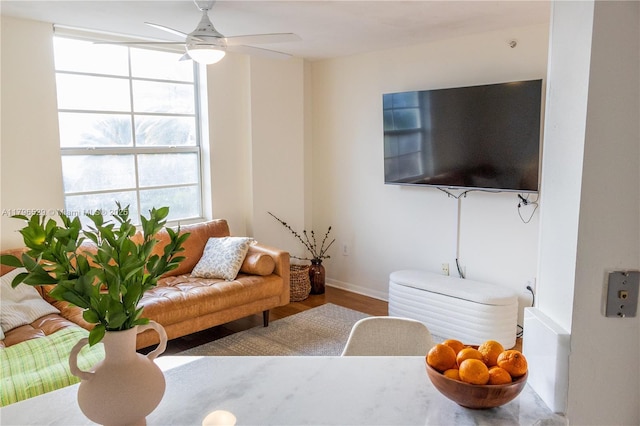 520 SE 5th Ave Unit 3302, Fort Lauderdale, FL 33301 - living room featuring a ceiling fan, a wealth of natural light, baseboards, and wood finished floors
