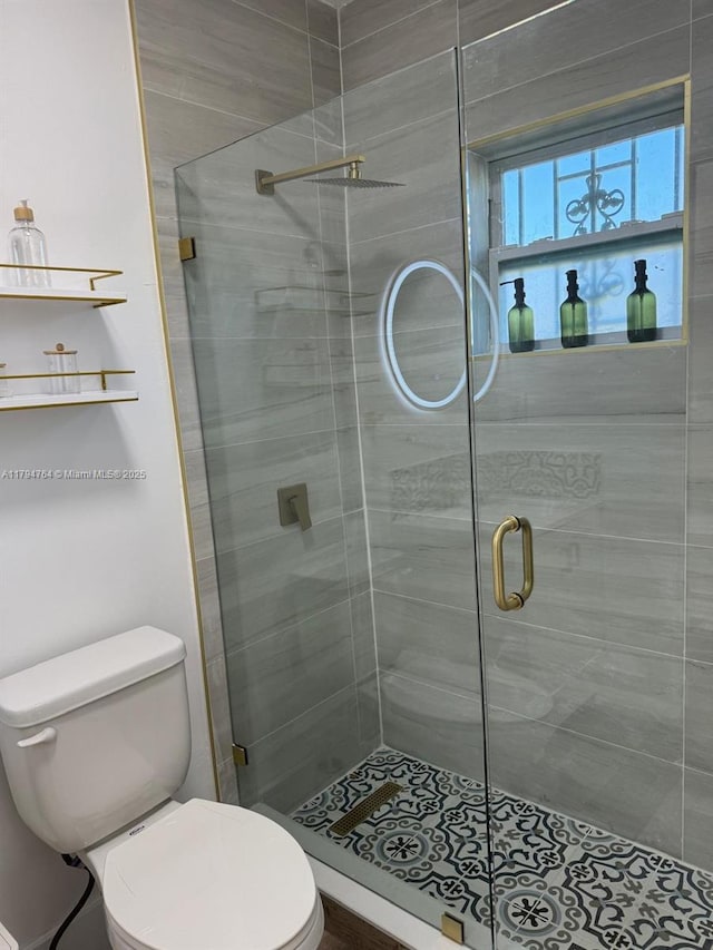 bathroom with a stall shower and toilet