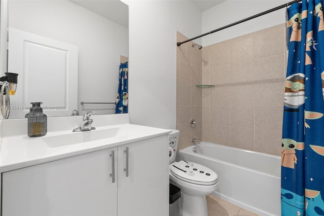 full bathroom with vanity, tile patterned floors, shower / bath combo, and toilet