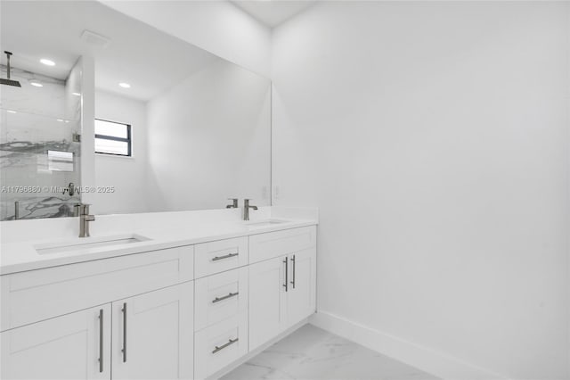 4115 20th St SW, Lehigh Acres, FL 33397 - full bath featuring a sink, a marble finish shower, baseboards, and marble finish floor