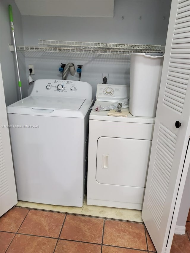 laundry room featuring laundry area, tile patterned flooring, and washing machine and clothes dryer