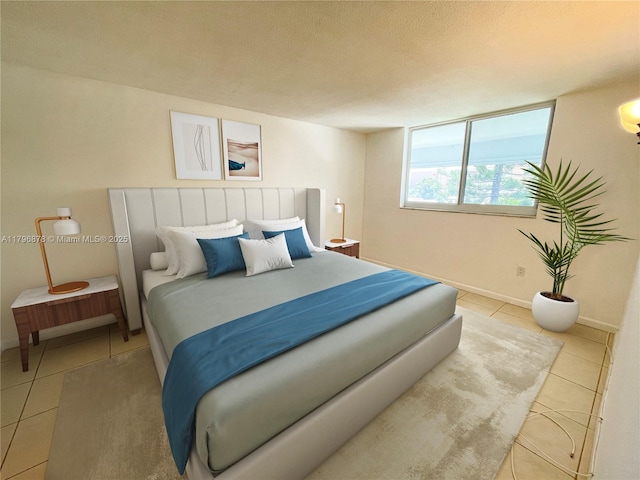 bedroom featuring a textured ceiling, baseboards, and light tile patterned flooring