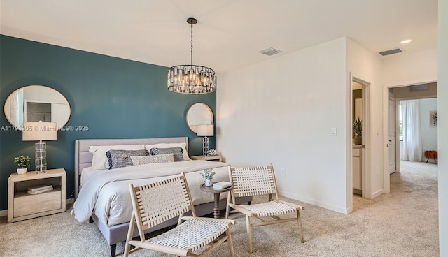 bedroom featuring an inviting chandelier, carpet, baseboards, and visible vents