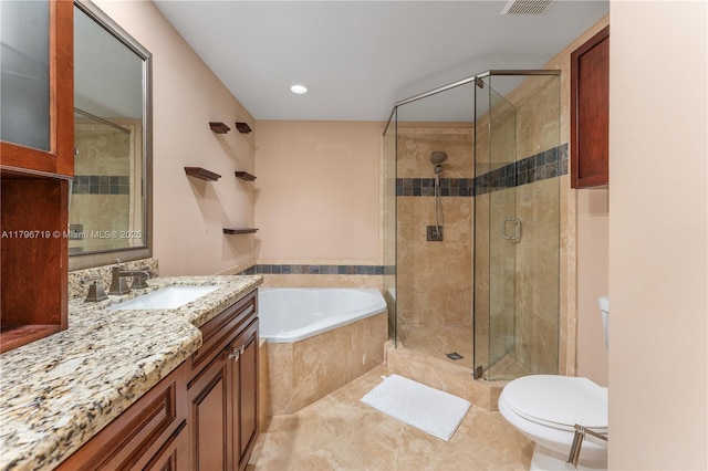 full bathroom with a stall shower, toilet, visible vents, a bath, and vanity
