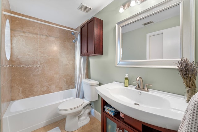 bathroom with toilet, tile patterned flooring, shower / bath combo with shower curtain, and visible vents