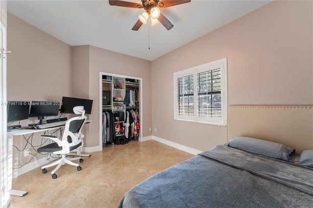 bedroom featuring a closet, baseboards, and a ceiling fan