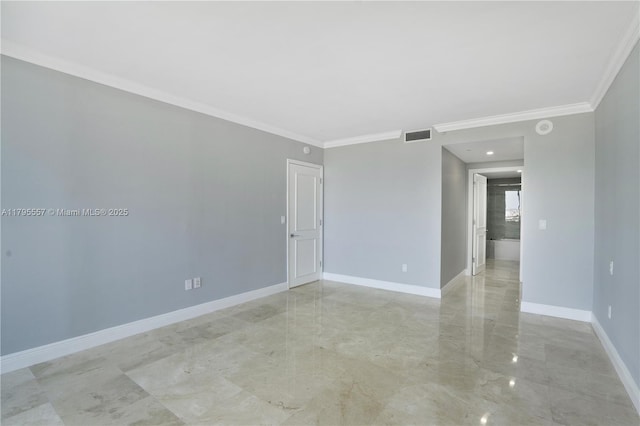 3400 SW 27th Ave Unit 1506, Miami, FL 33133 - spare room featuring crown molding, marble finish floor, visible vents, and baseboards