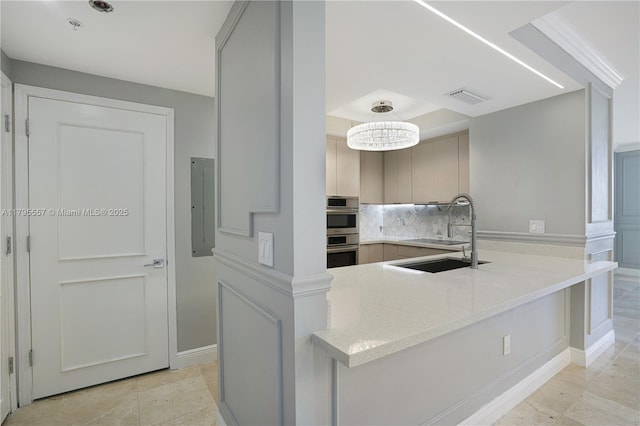 3400 SW 27th Ave Unit 1506, Miami, FL 33133 - kitchen featuring baseboards, visible vents, a sink, decorative backsplash, and double oven