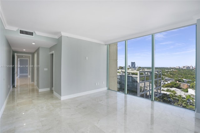 3400 SW 27th Ave Unit 1506, Miami, FL 33133 - empty room featuring a city view, visible vents, floor to ceiling windows, marble finish floor, and ornamental molding