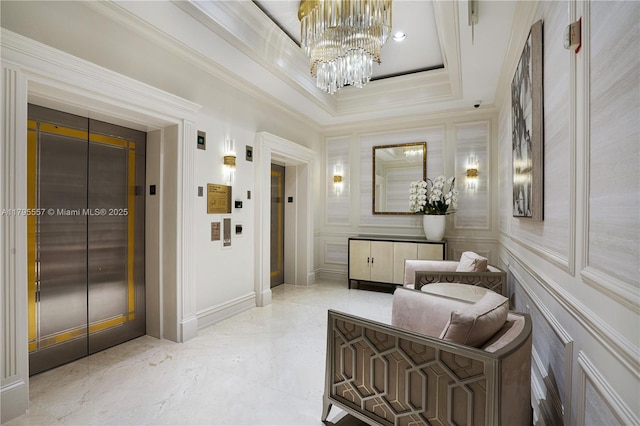 3400 SW 27th Ave Unit 1506, Miami, FL 33133 - interior space with marble finish floor, a notable chandelier, elevator, and crown molding