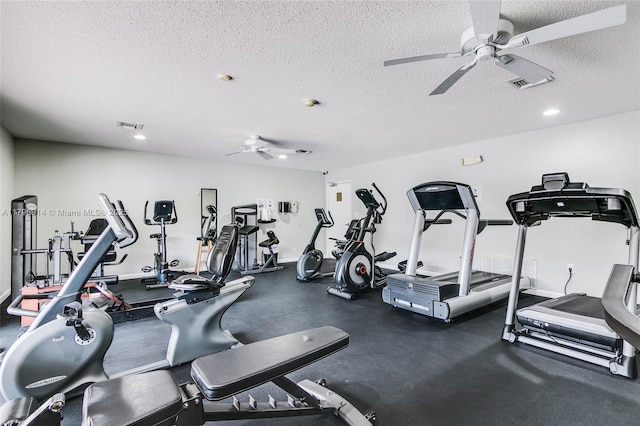 1005 Country Club Dr Unit 307, Margate, FL 33063 - exercise room featuring visible vents, ceiling fan, and a textured ceiling