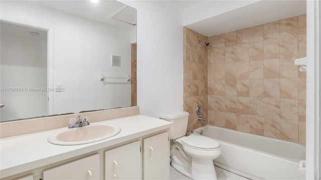 full bathroom featuring toilet,  shower combination, tile patterned floors, visible vents, and vanity