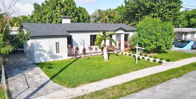 ranch-style home with driveway, stucco siding, a front lawn, a chimney, and a shingled roof