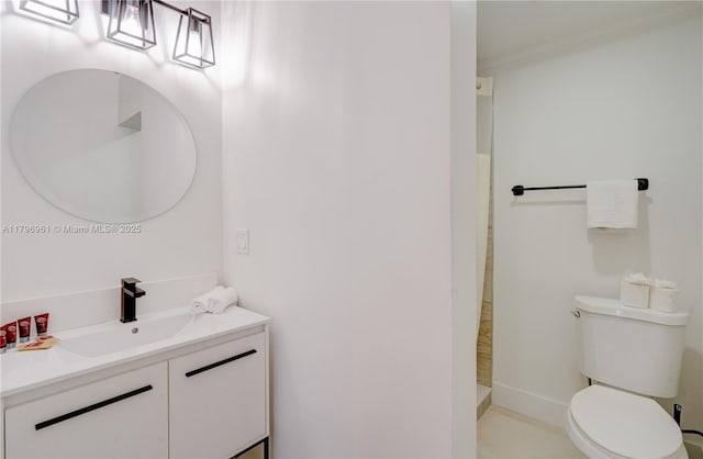 full bathroom with walk in shower, toilet, vanity, ornamental molding, and baseboards