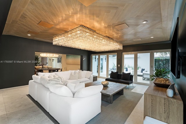 living room featuring wooden ceiling