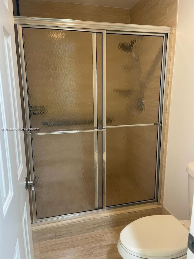 full bathroom with toilet and a shower stall