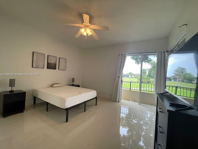 bedroom with baseboards, ceiling fan, light tile patterned flooring, and access to exterior