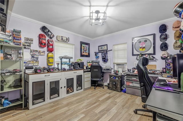 office space featuring ornamental molding and light wood-style floors