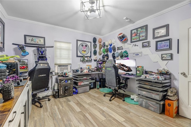 office with crown molding and wood finished floors