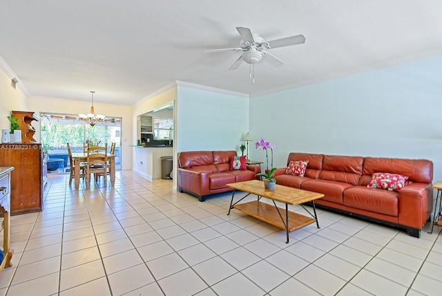 living area featuring light tile patterned floors, ceiling fan with notable chandelier, and ornamental molding