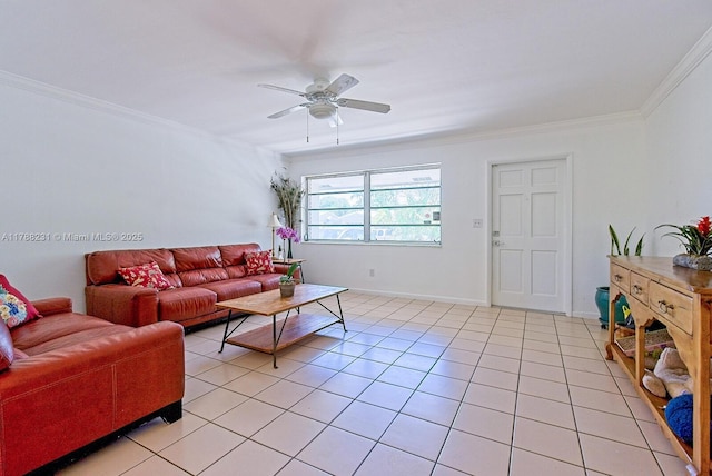 living area with crown molding, light tile patterned floors, and ceiling fan