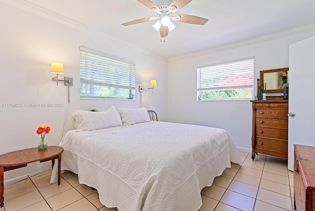 bedroom with ceiling fan, light tile patterned floors, and ornamental molding
