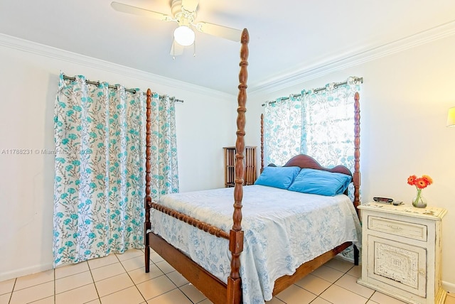 bedroom with ceiling fan, ornamental molding, light tile patterned flooring, and baseboards