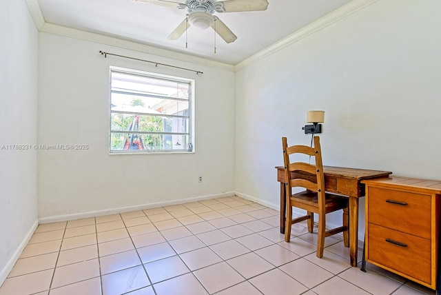 office space featuring crown molding, light tile patterned floors, baseboards, and a ceiling fan
