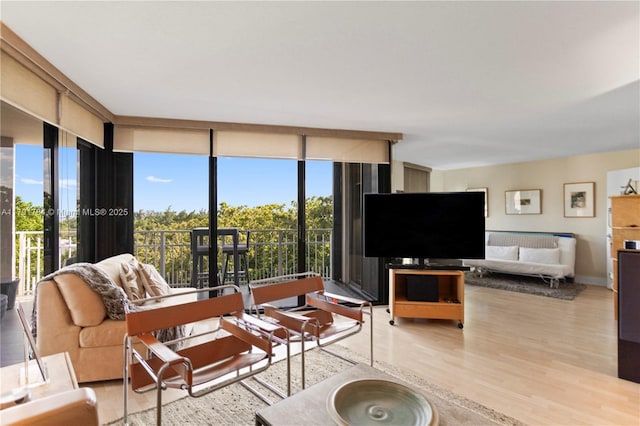 living room with a wealth of natural light, floor to ceiling windows, and wood finished floors