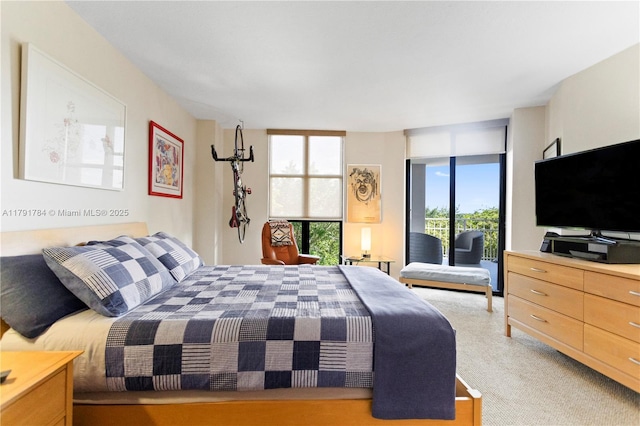 bedroom with light carpet and access to exterior