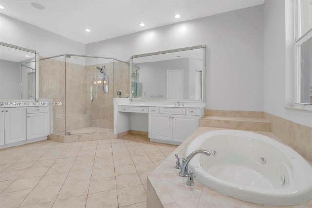3040 NW 126th Ave, Sunrise, FL 33323 - bathroom featuring a shower stall, a whirlpool tub, two vanities, tile patterned floors, and recessed lighting