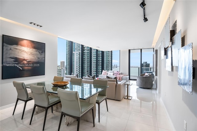 dining space with track lighting, a view of city, and baseboards