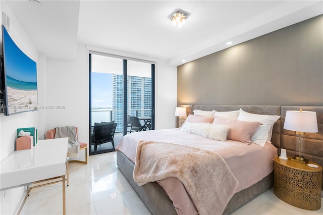 bedroom with light tile patterned flooring, expansive windows, access to exterior, and recessed lighting