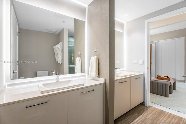 bathroom featuring a sink, two vanities, and wood finished floors