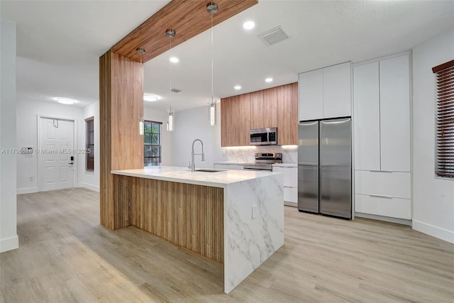 kitchen with modern cabinets, light wood-style flooring, appliances with stainless steel finishes, and a sink