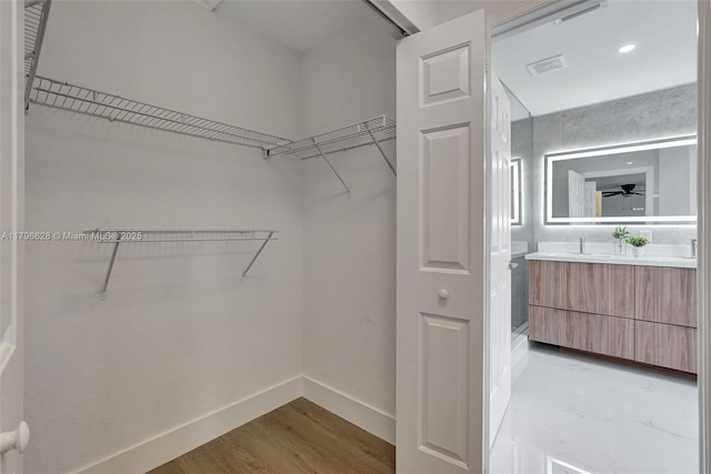 spacious closet with light wood-type flooring, visible vents, a ceiling fan, and a sink