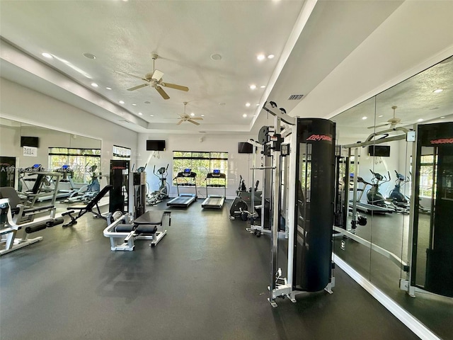 16276 SW 29th St, Miramar, FL 33027 - exercise room with a ceiling fan, recessed lighting, and a raised ceiling