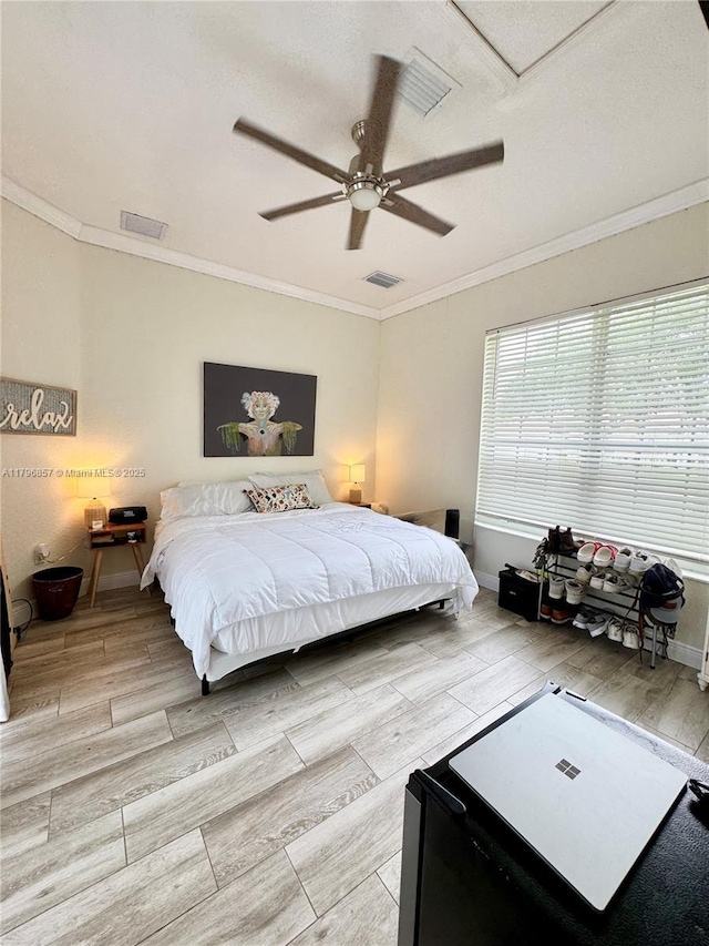 16724 NW 8th St, Pembroke Pines, FL 33028 - bedroom featuring crown molding, visible vents, a ceiling fan, and wood finish floors