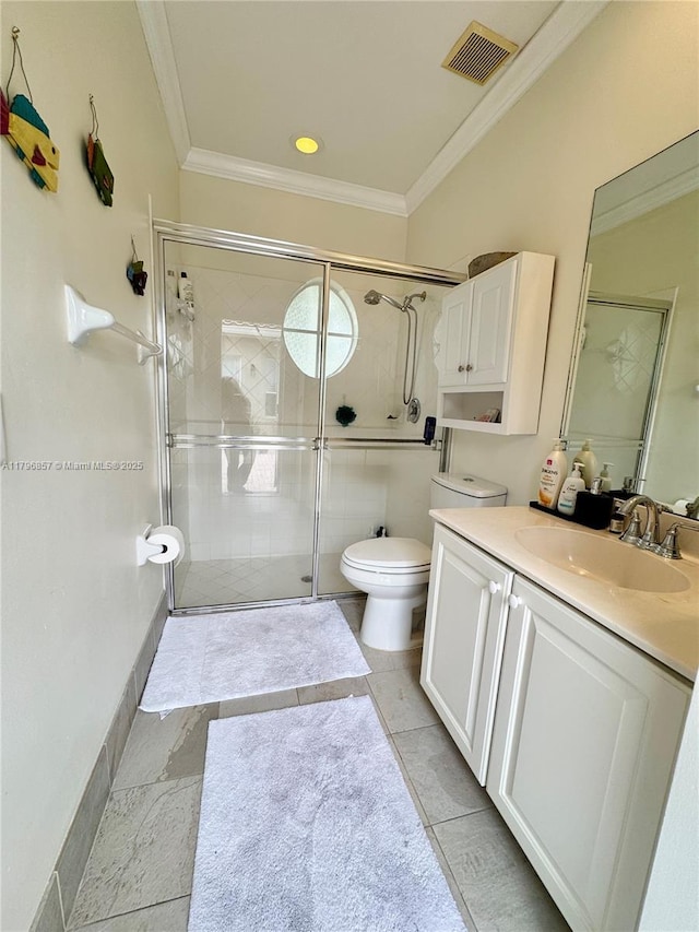 16724 NW 8th St, Pembroke Pines, FL 33028 - bathroom featuring a stall shower, ornamental molding, toilet, and visible vents