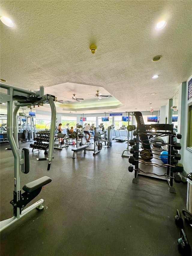 16724 NW 8th St, Pembroke Pines, FL 33028 - workout area with a textured ceiling, ceiling fan, and recessed lighting
